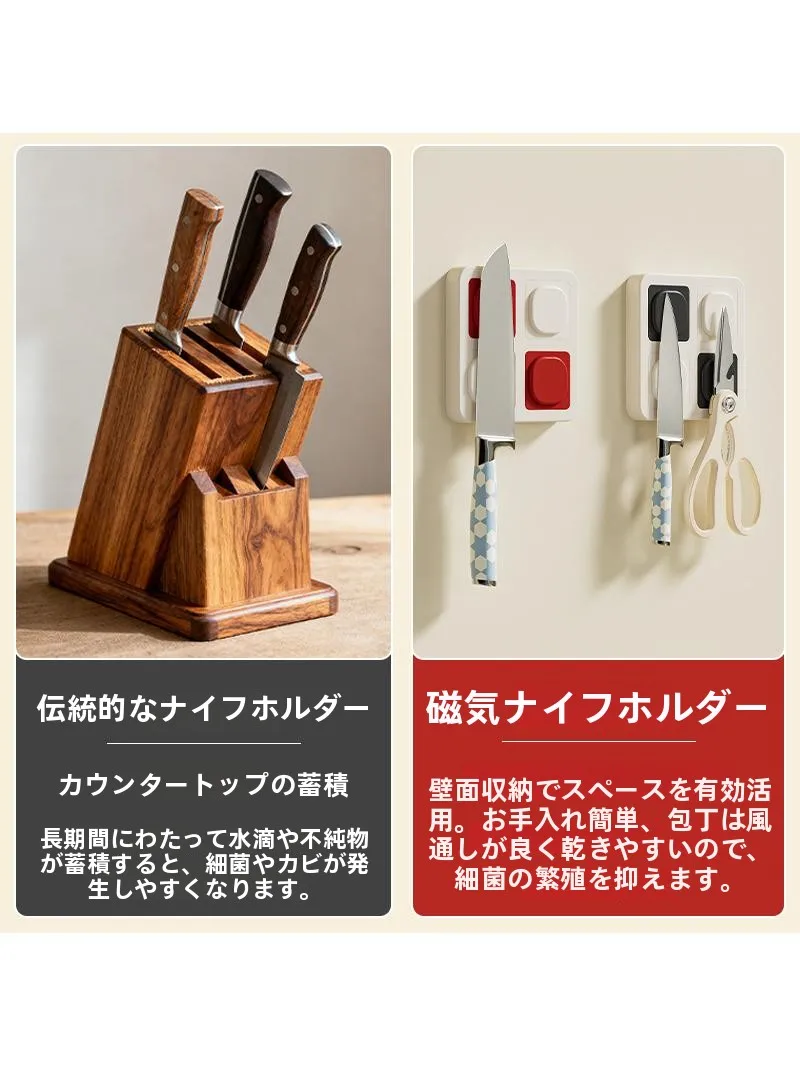 キッチン用壁掛けマグネティックナイフラック：穴あけ不要の多機能刀具収納を実現