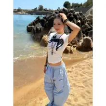 半袖Tシャツ レディース アメカジ ヴィンテージ 猫柄 メッセージ クロップド ラウンドネック フィット ルーズ