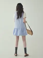 ブルーチェック風フラワーベールドレス【夏用・短袖・ショート丈・フェイクレイヤード】（セットア  ップ対応）