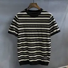 レトロストライプデザインのニットTシャツ【フィット感あるラウンドネック・メンズ・半袖】