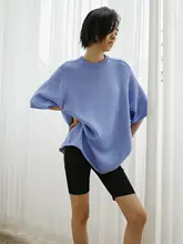 感のあるブルーのラウンドネック短袖ニットトップス【夏用・ゆったり・女性用】