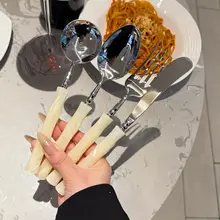 304ステンレススチール製 イタリアンデザイナーの軽やかなヴィンテージ風パール調バンブーハンドルの西洋食器ナイフ・フォーク・スプーンセット