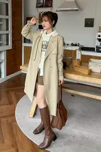 カーキ色のロングトレンチコート【ゆったりデザイン・春秋冬用・小柄女性向け】