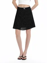 レトロな黒の水玉模様のハイウエストAラインスカート【女性用・夏用・体型カバー】