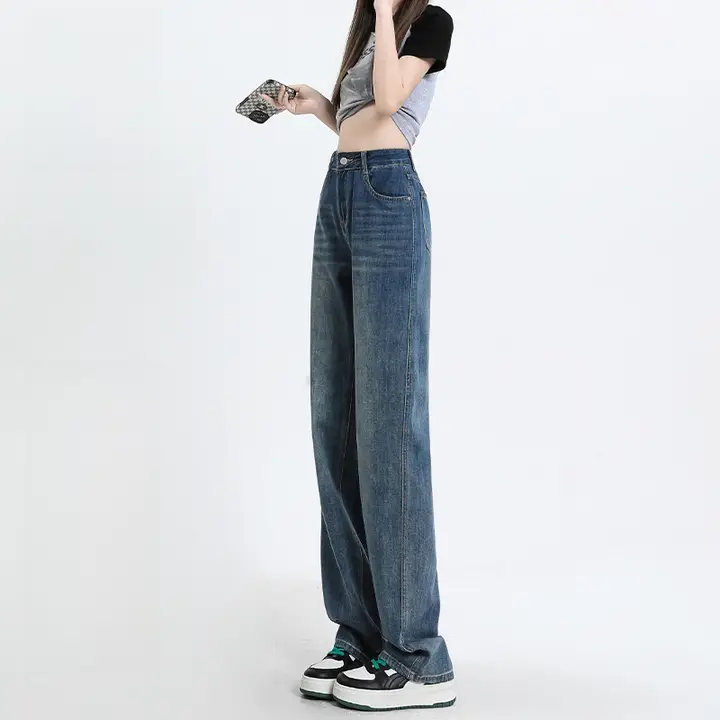 高腰ストレートデニムパンツ【春秋用・フィット・フレンチスタイル・フルレングス】（セットアップ対応）
