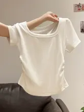 女性用アーチヘムウエスト絞り短袖Tシャツ【夏用・フレンチスタイル・スクエアネック】