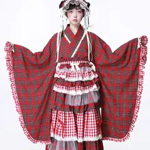 昭和風レトロデザインの可愛い和風少女用トップス【赤チェック・改良版着物浴衣】