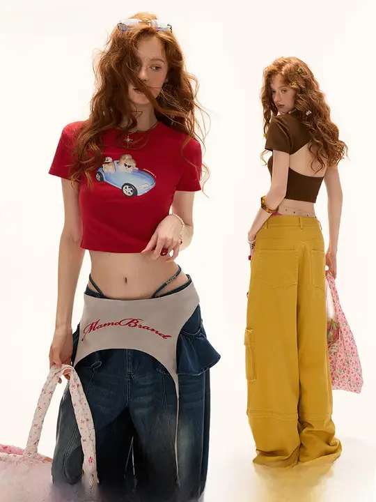 Tシャツ レディース 半袖 クルーネック オープンバック 短丈 猫柄 シンプル レッド 夏 「MAMC」