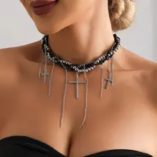 多層チェーン風パール巻きフリンジ吊り下げネックレス【クロスデザイン・セクシーな鎖骨チェーン】