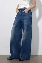 ウォッシュ加工デニムパンツ【V字ウエスト・ワイドレッグ・デザイン性抜群】