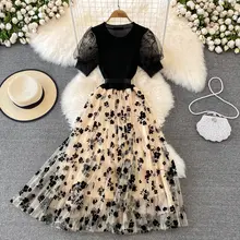 リボン付きニットメッシュチュニックドレス【優雅なフレア・ラウンドネック・ロングスカート】