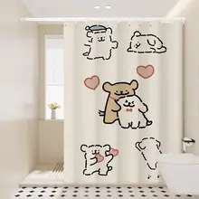 かわいい犬柄の防水バスカーテン【穴あけ不要・カートゥーンデザイン】