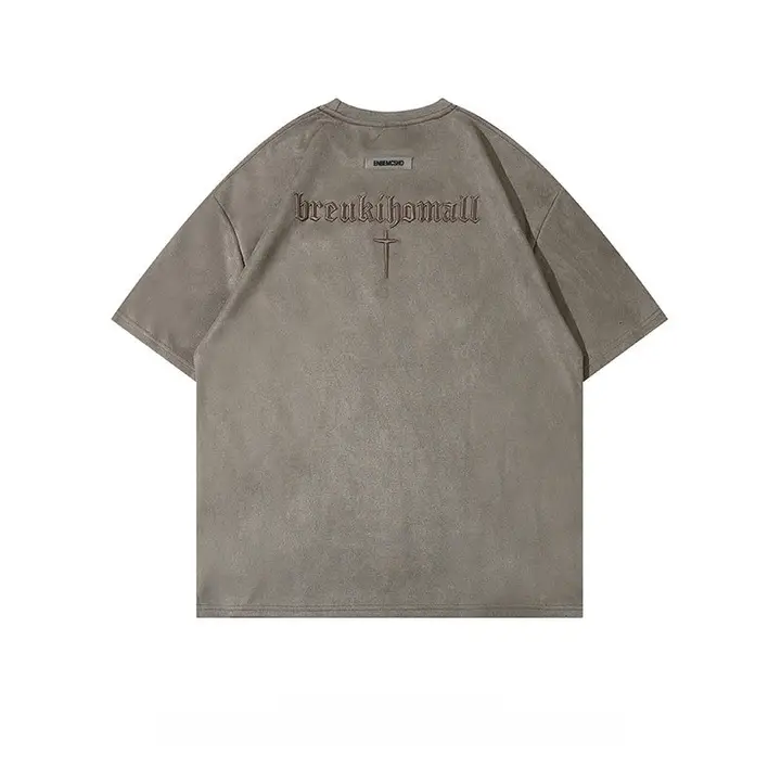 ヴィンテージロゴ刺繍スエード調ショートスリーブTシャツ【メンズ・アメリカンヒップホップ・ルーズフィット】