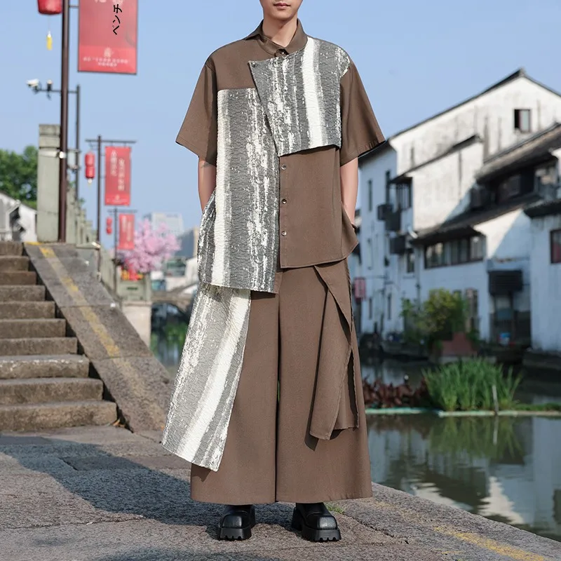 不規則デザインの短袖シャツ：古着男子スタイルに合う新中式のルーズフィットアイテム