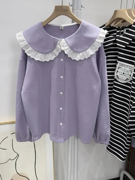 春秋用 レディース 長袖シャツ【コットンニット・開襟・ダボっとしたデザイン・淡い色合い】