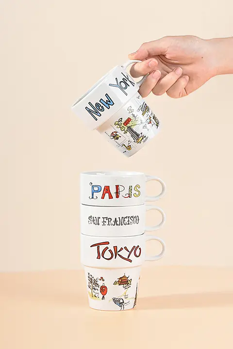 高温耐性の陶磁器製マグカップ【個性的なデザイン・コーヒー用・ミルク用】