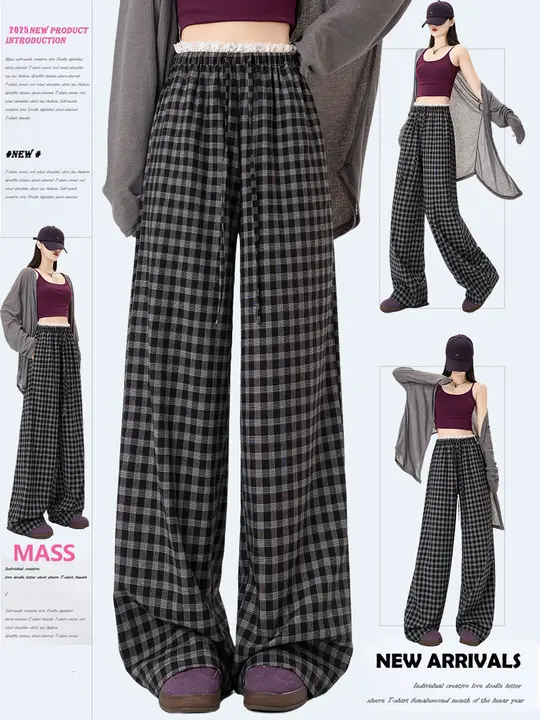 女性用カジュアルチェック柄ワイドパンツ【スタイル・ストレート・フルレングス】（セットアップ対応）