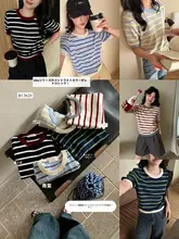 ストライプ柄配色ラウンドネック短丈ニットトップス【女性用・体型カバー・春夏向け】