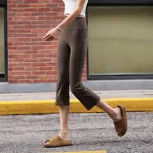 高腰デザインのフィット感ある女性用ヨガパンツ【夏用・スリムフィ  ット・フレアスタイル・七分丈】（セットアップ対応）
