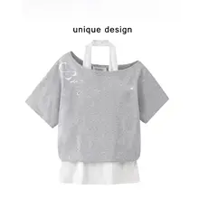 Tシャツ トップス レディース フェイクレイヤード 英字プリント ラウンドネック 半袖 グレー ゆったり カジュアル デイリー サマー 「XinmonLee」