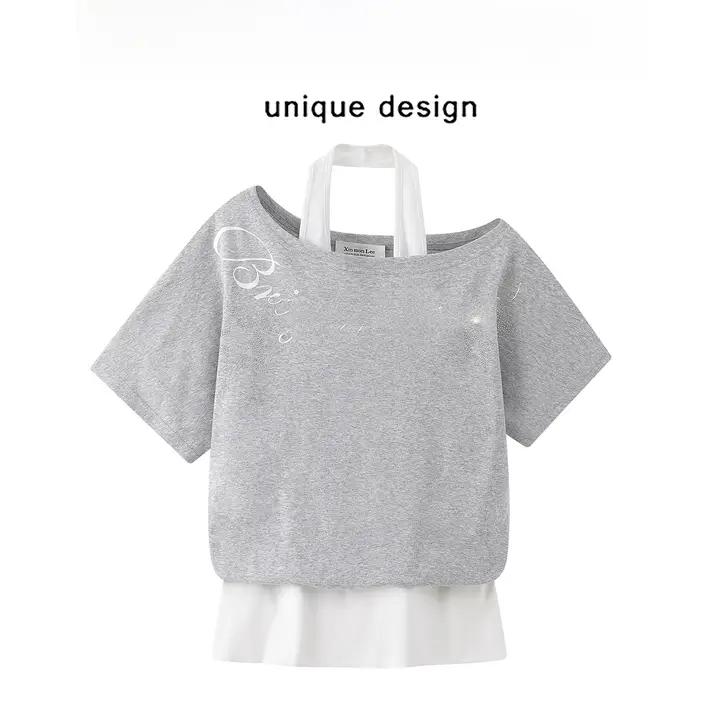 Tシャツ トップス レディース フェイクレイヤード 英字プリント ラウンドネック 半袖 グレー ゆったり カジュアル デイリー サマー 「XinmonLee」