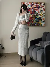 小香風ショートトップスとタイトスカート【レトロデザイン・スクエアネック・フィット感良好】（セットアップ対応）