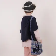 国風剪紙イラストのうさぎデザインウール格子模様サイドバッグ