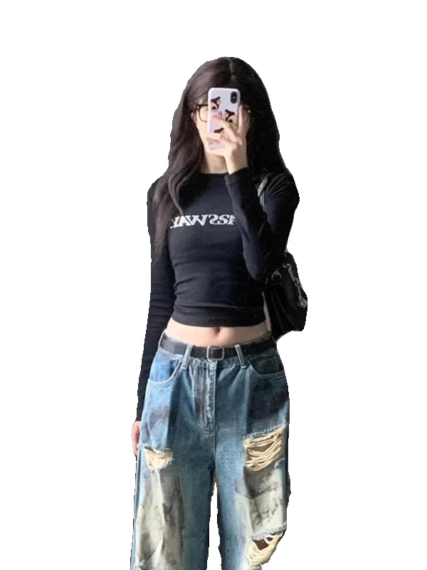 黒色の高腰ショート長袖Tシャツ【秋用・セクシー・クロップド・シンプルデザイン】