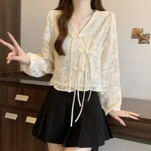 国風盤扣Vネックシャツ【大きいサイズ・春秋用・パフスリーブ・洗練されたデザイン】