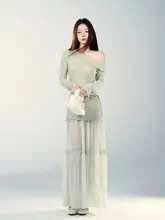 斜め肩デザインの長袖ワンピース【春用・メッシュ切替・女性用・エレガントスタイル】