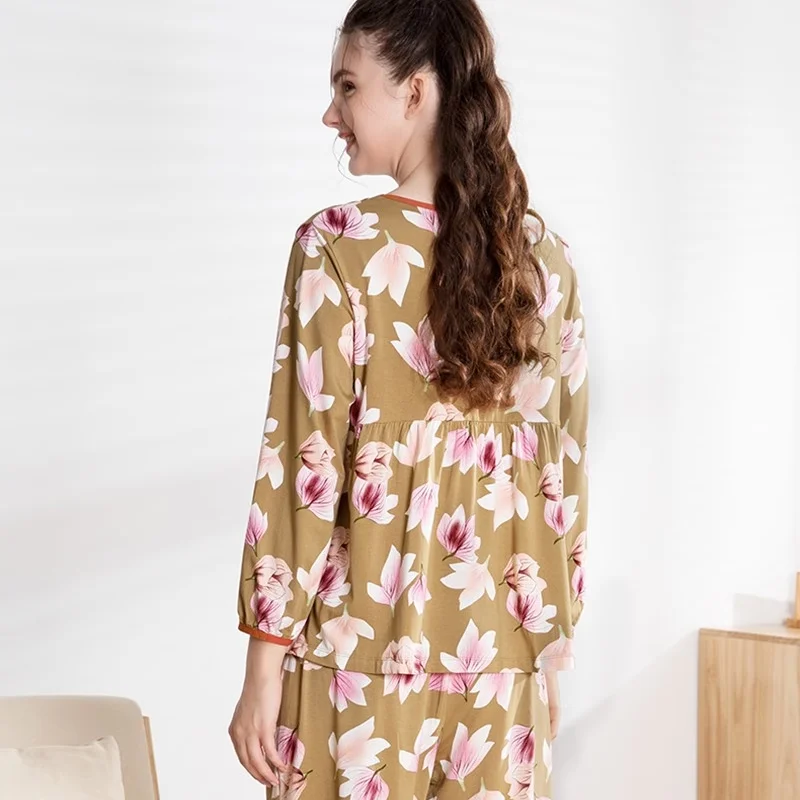 春秋用レディース長袖モダールコットンパジャマ【極上の柔ら かさ・ゆったりフィット・ラウンドネック】（セットアップ対応）