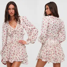 法式ロマンティックフラワープリント長袖ドレス【レースフリル・ウエストマーク・スリムフィット】