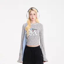 犬のプリントドット柄長袖Tシャツ【レトロ・秋用・女性用・スリムフィット】