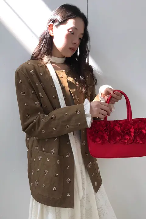 dorydory ラウンドネック ビーズ刺繍入り ゼラニウムカラージャケット【エレガント・カジュアル】