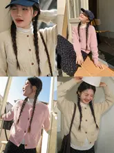 立体花モチーフのブルーセーターカーディガン【春用・着やすいニット】
