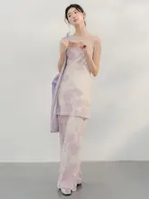 blushwhite 手描き桜プリントストレートパンツ【スリット入り】
