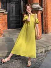 シンプルなデザインのイエローワンピース【夏用・オフショルダー・感】