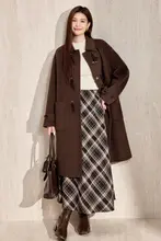大きいサイズ女性用レトロなバイカラーボタン付きダブルフェイスコート【ノーカラー・ウール混素材】