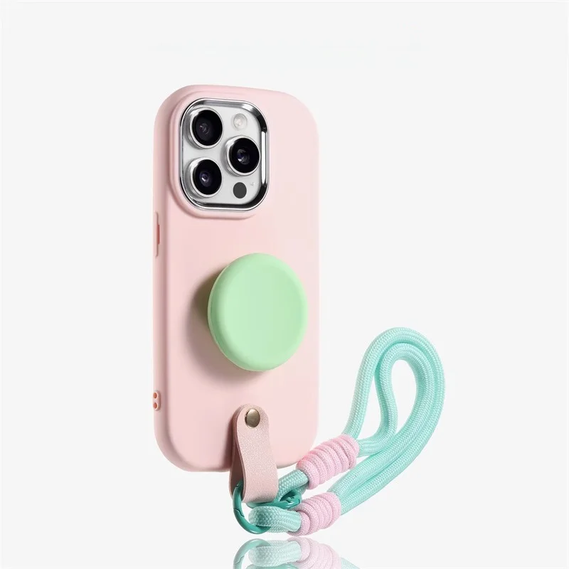 シンプルなデザインのスマートフォンケース：円形スタンドとハンドストラップ付きの防摔対応モデル