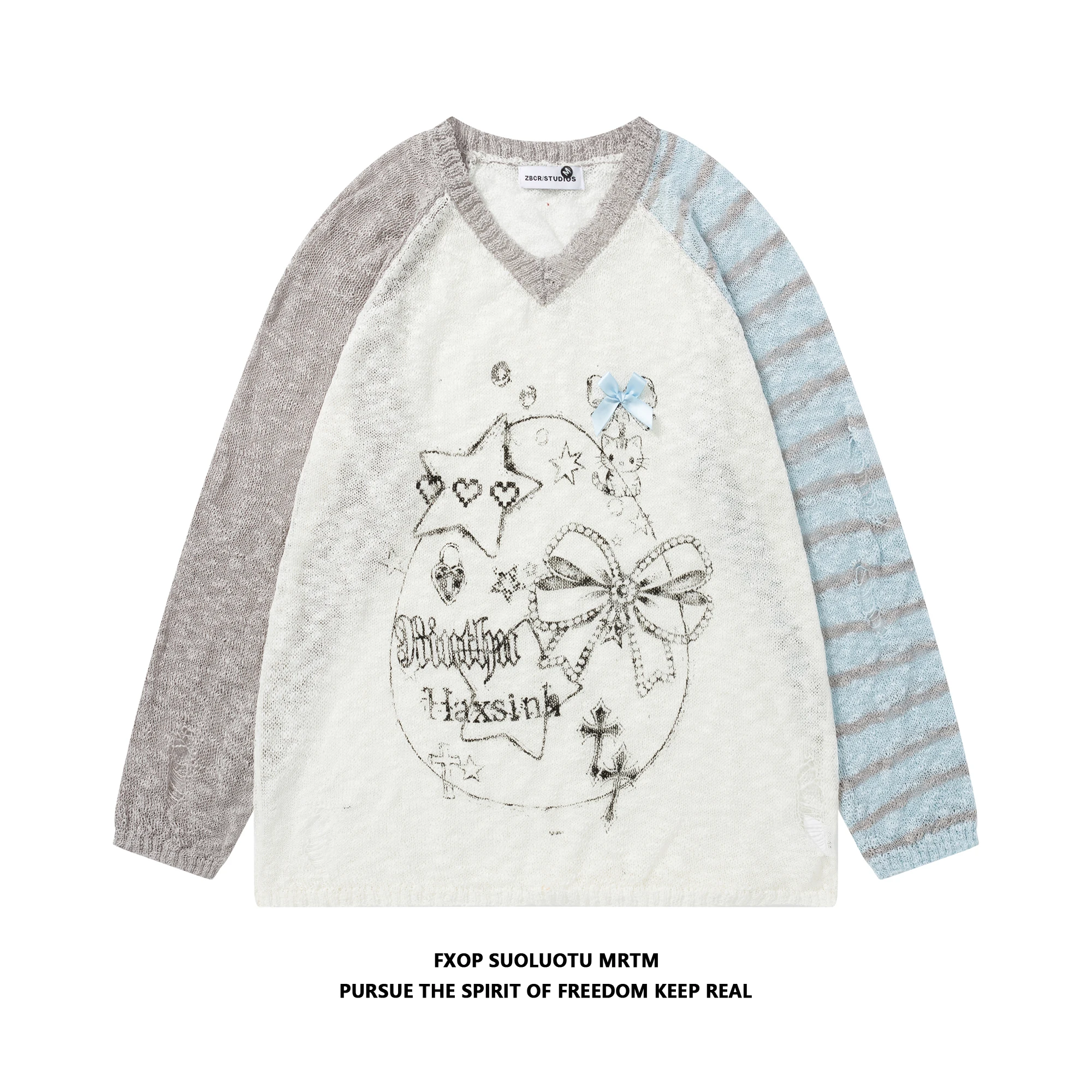 猫柄リボンデザインのストライプVネック長袖Tシャツ【ゆったりシルエット・カジュアルスタイル】（セットアップ対応）