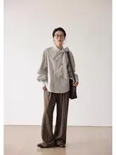 ストライプ柄リボン付き長袖シャツ【秋用・女性・おしゃれデザイン】（セットアップ対応）