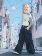 ハイウエストストレートワイドパンツ【ディープブルー・リボン付き・カジュアル】