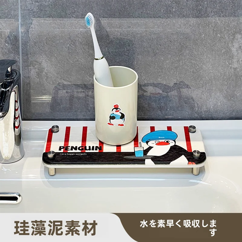 可愛い珪藻土吸水マット【洗面台用・歯ブラシホルダー・便利な収納】