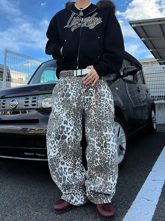 デニムパンツ メンズ レオパード柄 ヴィンテージウォッシュ ワイドパンツ ストレート ルーズ フロアレングス アメカジ