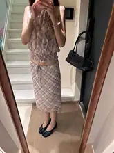 レトロデザインのストレートチェック柄スカートと抽绳付きビスチェ【多様な着こなし対応】（セットアップ対応）