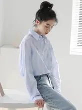 オリジナルデザイン ブルーとホワイトのストライプシャツ【春用・フィット・レディース】