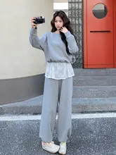 グレーの美しいレース刺繍デコレーションスウェットシャツ【秋用・高級感・ワイドパンツ・（セットアップ対応）】