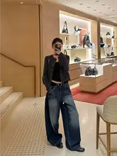 高腰ワイドレッグデニムパンツ【春用・猫ひげ加工・フィット・ウォッシュ加工】