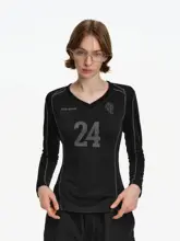 Vネックデジタルプリント長袖Tシャツ【スポーツスタイル・レトロデザイン・女性用・秋春対応】