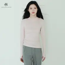 半高めのネックデザインの女性用天絲羊毛長袖Tシャツ【春夏用・ピンク・カジュアル】（セットアップ対応）